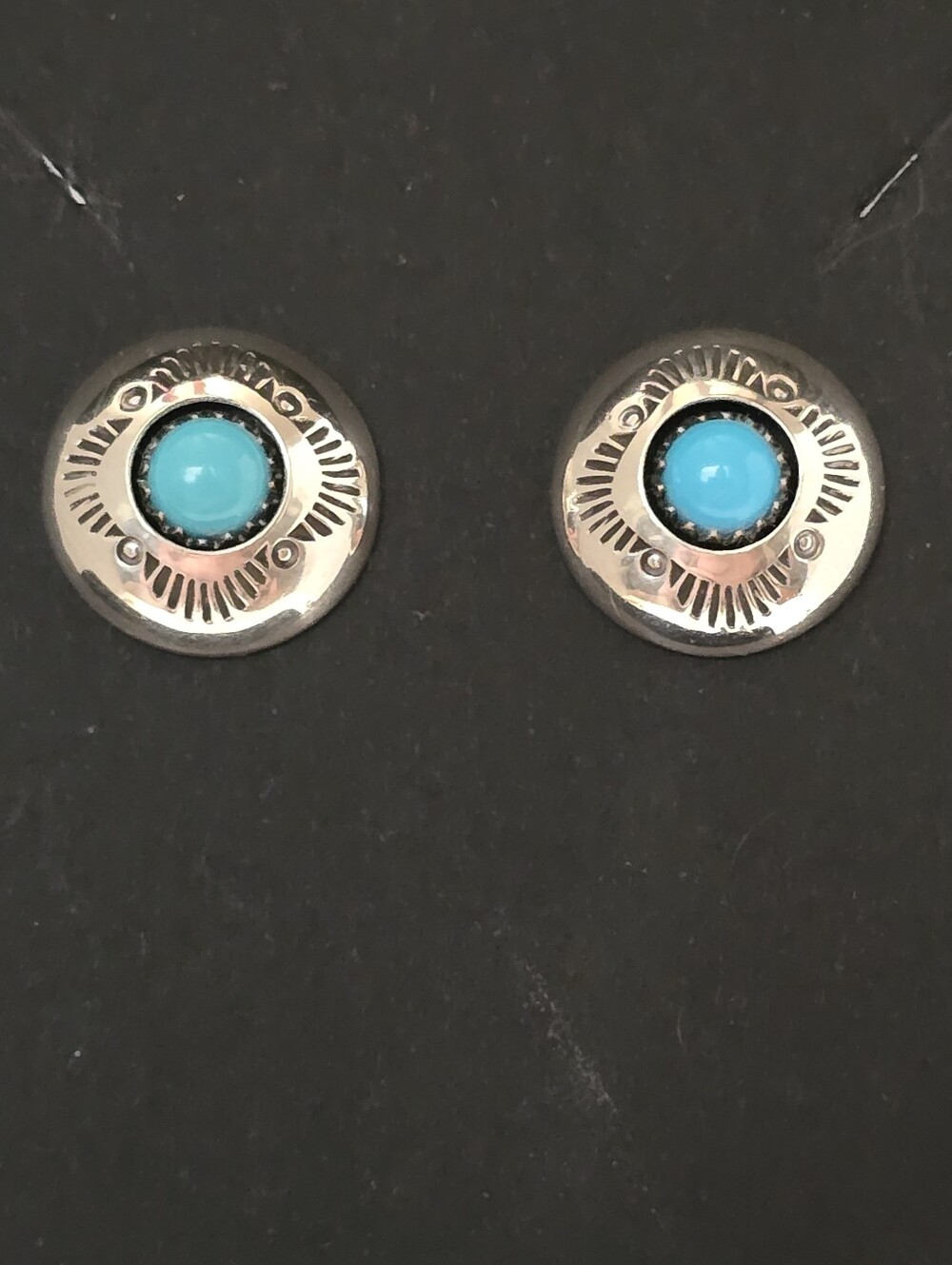 Vtg Native Signed B.E Sterling Silver Turquoise Shadowbox Post Earrings .65 Inch